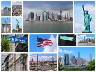 Collage made up of images of New York's famous structures including the Brooklyn Bridge, Statue of Liberty and the Manhattan skyline