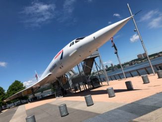 The British Airways Concorde next to river at the Intrepid Sea, Air & Space Museum in New York City.