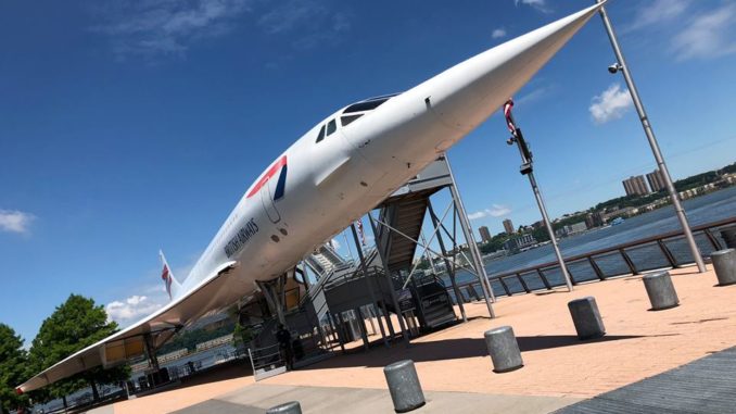 The British Airways Concorde next to river at the Intrepid Sea, Air & Space Museum in New York City.
