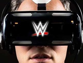 Man wearing a WWE virtual reality headset at VR World NYC.