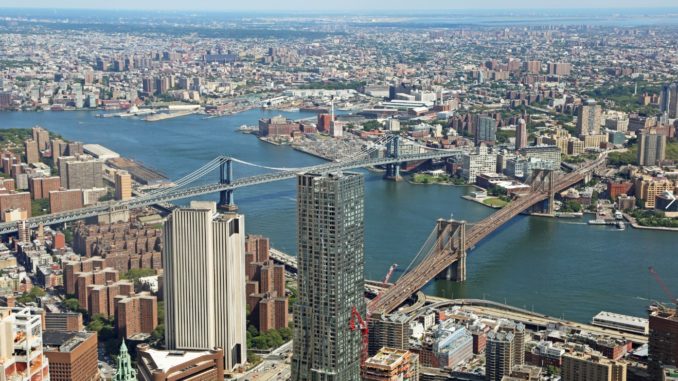 Birdseye view of NYC, including the river and bridges, from One World Observatory