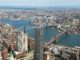 Birdseye view of NYC, including the river and bridges, from One World Observatory