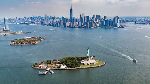Womderful views of Manhattan across the Hudson River from a helicopter in New York