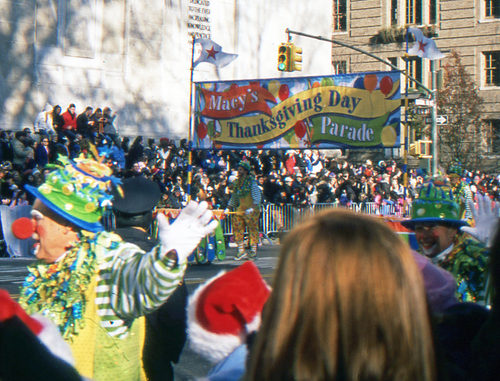 Clown walks by in Macy’s Thanksgiving Day Parade in the streets of NYC