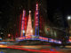 : Bright Christmas lights of Radio City Music Hall in New York City at night.