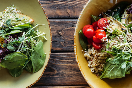 Healthy & nutricious vegetarian entrees on a dinner table in vegetarian restaurant in New York