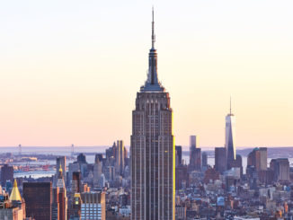 Cityscape view of Manhattan with Empire State Building, New York City, USA at sunset