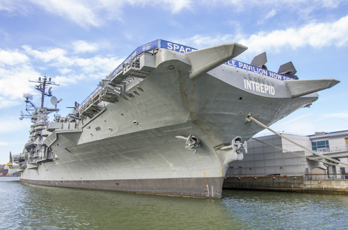 Exterior view of the massive USS Intrepid, New York