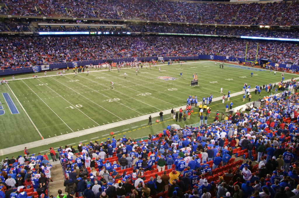 A pitch side view of New York Sports team the Giants playing a home game at the Metlife Stadium