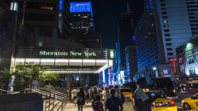 Outisde of the Sheraton Hotel, one of the best 4 star hotels in new york