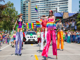 colourfully dressed women on stilts for gay pride in new york in june