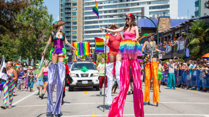 colourfully dressed women on stilts for gay pride in new york in june