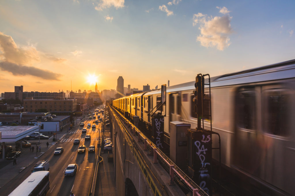 New york subway with sunset in background