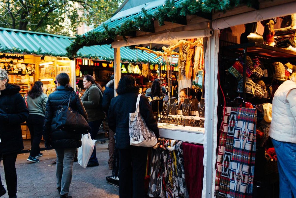 People shopping at Union Square holiday market in New York in November