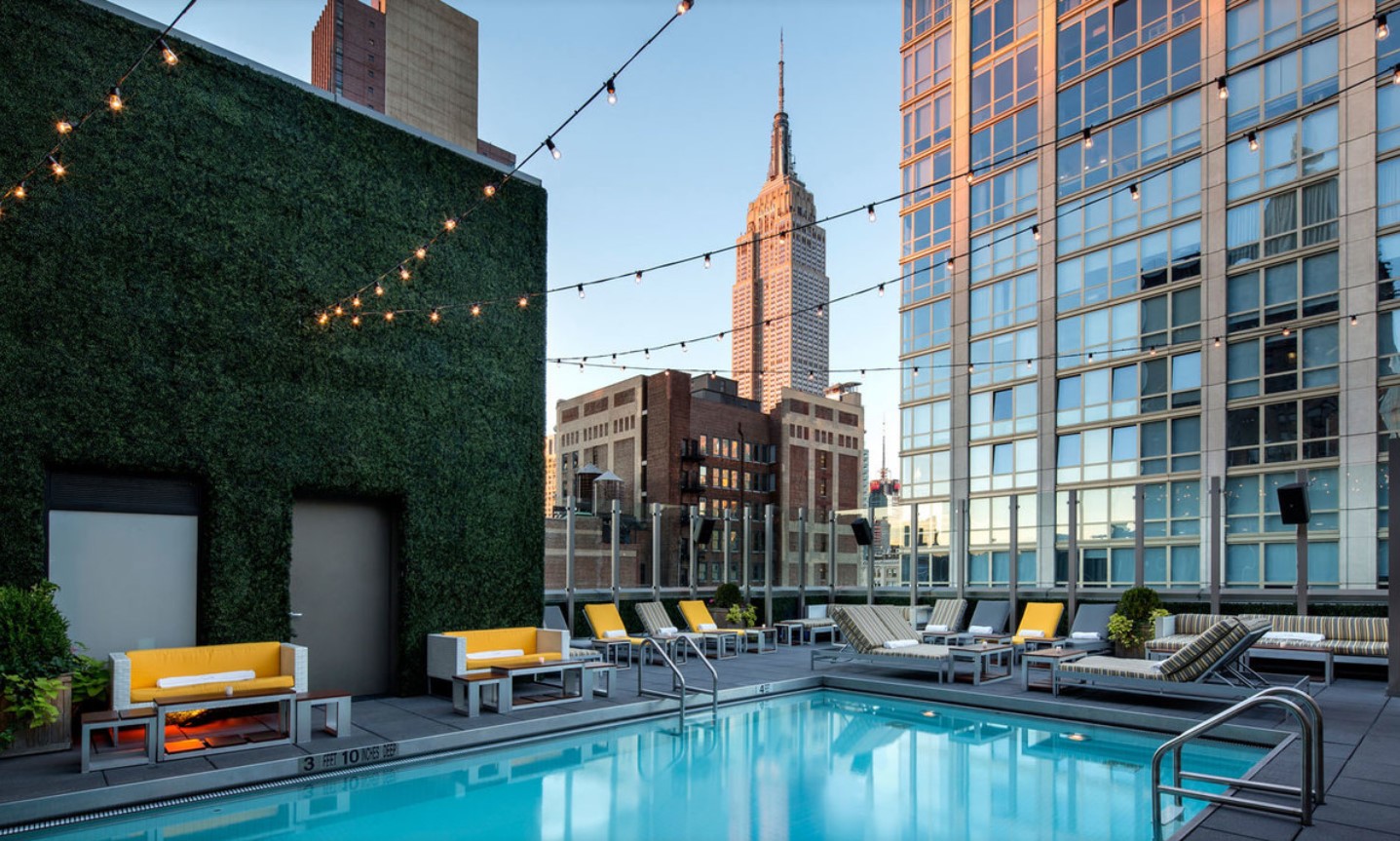 Rooftop pool with Empire State Building in background